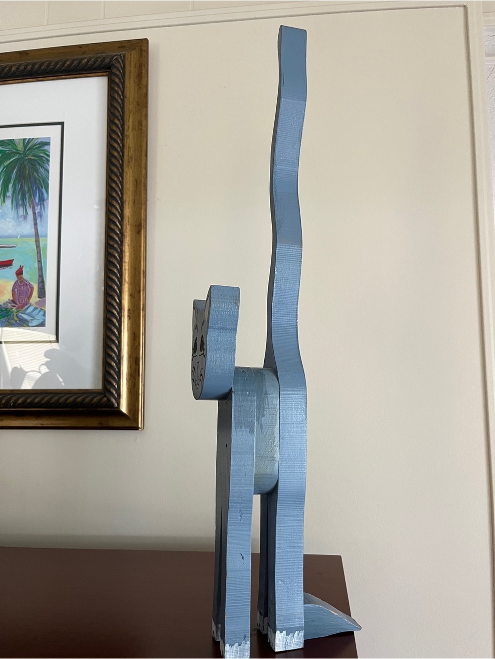 Handmade Wooden Grey Blue Tall Cat Figurine - Picture 2 of 8
